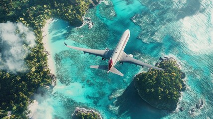 Poster - A commercial airplane flying high over a vibrant tropical island with turquoise seas, surrounded by clear skies and exotic palm trees