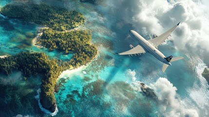 Poster - A commercial airplane flying high over a vibrant tropical island with turquoise seas, surrounded by clear skies and exotic palm trees