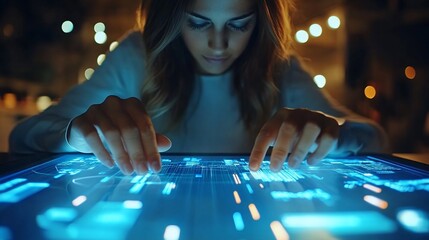 Poster - Woman using futuristic touchscreen interface at night.