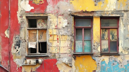 Poster - A decaying urban building with broken windows, peeling paint in red and yellow, and colorful graffiti art, showcasing the contrast of decay and vibrancy
