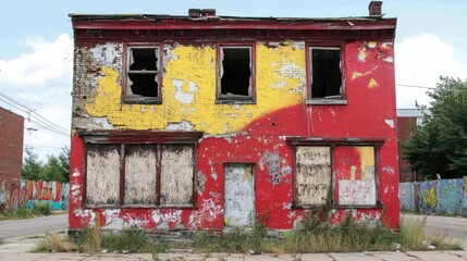 Poster - A decaying urban building with broken windows, peeling paint in red and yellow, and colorful graffiti art, showcasing the contrast of decay and vibrancy