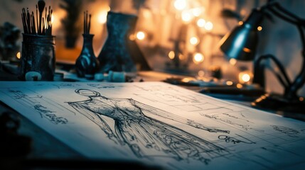 Aufkleber - A detailed fashion design sketch set against a blueprint backdrop, with soft bokeh lights creating a dreamy, stylish atmosphere in the studio