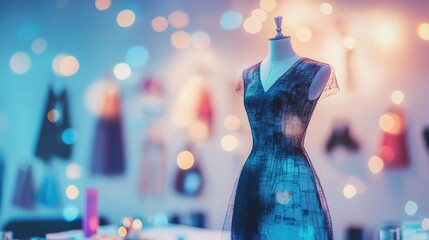 Aufkleber - A detailed fashion design sketch set against a blueprint backdrop, with soft bokeh lights creating a dreamy, stylish atmosphere in the studio