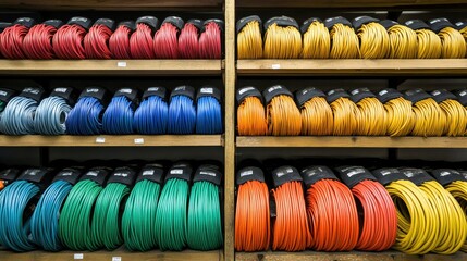 Poster - A detailed image of several rows of vibrant electrical cables on wooden shelves in an industrial storage facility, ready for use