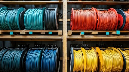 Poster - A detailed image of several rows of vibrant electrical cables on wooden shelves in an industrial storage facility, ready for use