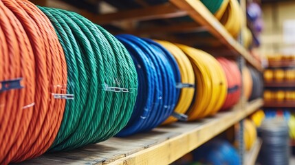 Poster - A detailed image of several rows of vibrant electrical cables on wooden shelves in an industrial storage facility, ready for use