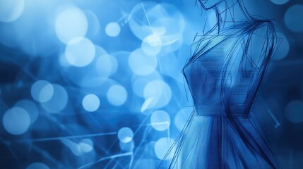 Aufkleber - A fashion design sketch with elegant lines and details, set against a blueprint background and bokeh lights, reflecting a stylish studio atmosphere