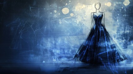 Aufkleber - A fashion design sketch with elegant lines and details, set against a blueprint background and bokeh lights, reflecting a stylish studio atmosphere