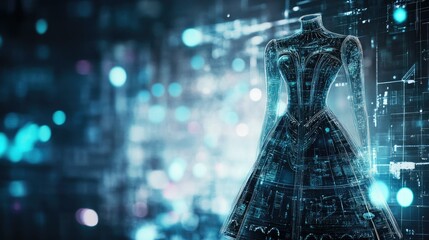 Aufkleber - A fashion design sketch with elegant lines and details, set against a blueprint background and bokeh lights, reflecting a stylish studio atmosphere
