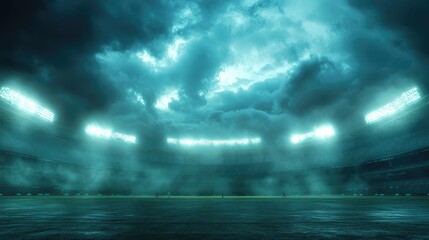 Poster - A floodlit cricket match in a stadium under a dramatic, cloudy evening sky, capturing the intense energy of the game. Perfect for sports banners or action shots.