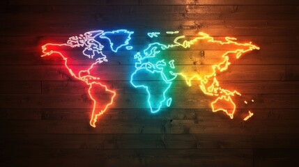 Aufkleber - A glowing world map displayed on a wooden wall, highlighting the continents in bright colors, creating a striking and modern visual effect