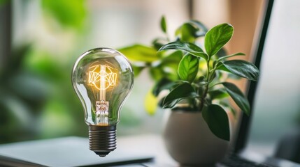 Poster - Light bulb hovering near a plant on a desk