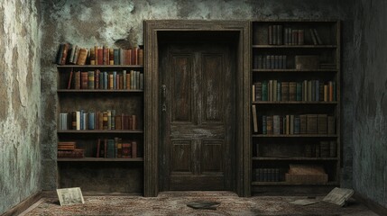 Aufkleber - A mysterious secret bookshelf hidden behind a door, creating a sense of intrigue and wonder. Perfect for creative storytelling or escape room concepts.