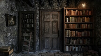 Aufkleber - A mysterious secret bookshelf hidden behind a door, creating a sense of intrigue and wonder. Perfect for creative storytelling or escape room concepts.