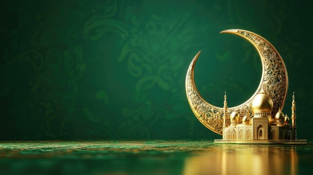 A Ramadan banner featuring a golden crescent moon and mosque with intricate patterns on a green backdrop, offering space for text or holiday wishes