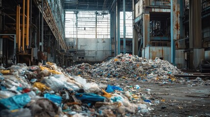 Poster - A scene of garbage piling up inside an abandoned factory, showcasing the decaying structure and accumulation of waste