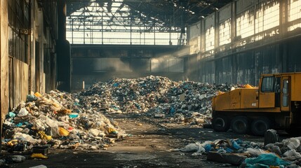 Poster - A scene of garbage piling up inside an abandoned factory, showcasing the decaying structure and accumulation of waste