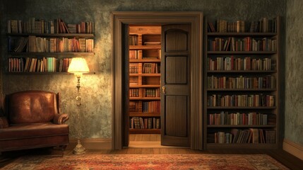 Aufkleber - A secret door leading to a hidden bookshelf in a dimly lit room, offering a sense of adventure and intrigue. Perfect for creative concepts or hidden spaces.