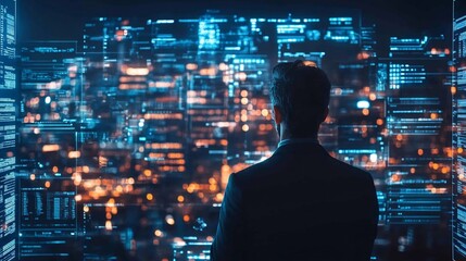 Poster - Businessman viewing digital data stream on large screen.