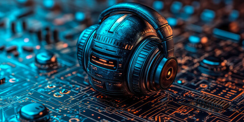 Poster - ai technology headphones on circuit board for smart podcast creation from digital texts