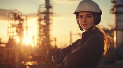 Wall Mural - woman in safety gear at an industrial site during sunset