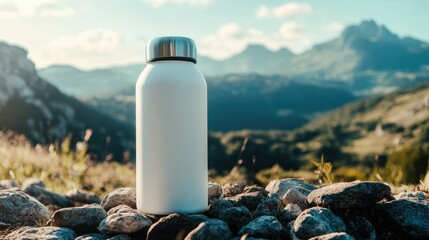 Poster - A stylish white insulated water bottle placed on natural stones, with a scenic mountain view in the distance, capturing an eco-conscious outdoor lifestyle