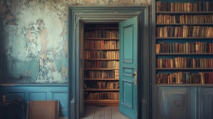 Poster - A vintage door opening to reveal a hidden bookshelf, perfect for themes of mystery, secret spaces, or literary escapes.