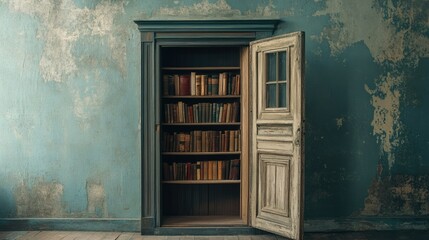 Poster - A vintage door opening to reveal a hidden bookshelf, perfect for themes of mystery, secret spaces, or literary escapes.