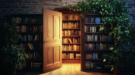 Poster - A vintage door opening to reveal a hidden bookshelf, perfect for themes of mystery, secret spaces, or literary escapes.
