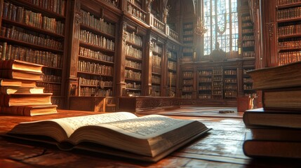 Aufkleber - A warm, inviting interior of an old library with an open book lying on a wooden desk, surrounded by shelves filled with old, leather-bound books