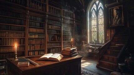 Aufkleber - A warm, inviting interior of an old library with an open book lying on a wooden desk, surrounded by shelves filled with old, leather-bound books