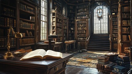 Aufkleber - A warm, inviting interior of an old library with an open book lying on a wooden desk, surrounded by shelves filled with old, leather-bound books