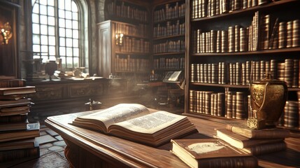 Aufkleber - A warm, inviting interior of an old library with an open book lying on a wooden desk, surrounded by shelves filled with old, leather-bound books