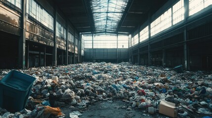 Poster - An abandoned factory building filled with heaps of garbage, portraying urban decay and the neglect of industrial spaces