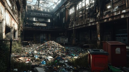 Poster - An abandoned factory building filled with heaps of garbage, portraying urban decay and the neglect of industrial spaces