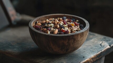Aufkleber - Close-up of a wooden bowl filled with a healthy mix of organic nuts and dried fruits on a rustic wooden surface