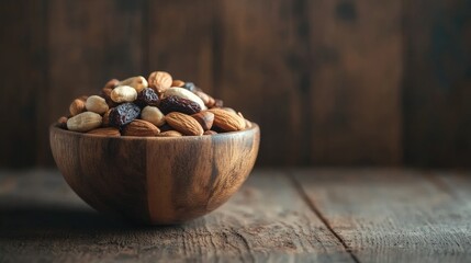 Aufkleber - Close-up of a wooden bowl filled with a healthy mix of organic nuts and dried fruits on a rustic wooden surface