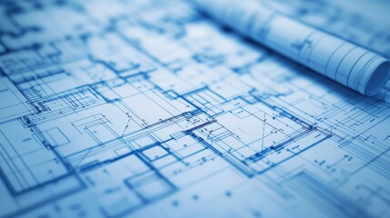 Poster - Close-up of an architectural blueprint for a modern house, accompanied by 3D visualizations and technical drawings for construction planning
