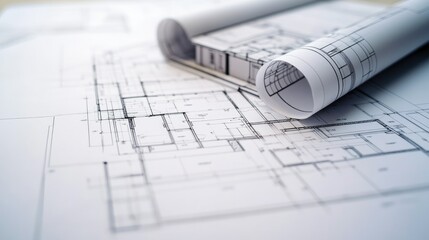 Poster - Close-up of an architectural blueprint for a modern house, accompanied by 3D visualizations and technical drawings for construction planning