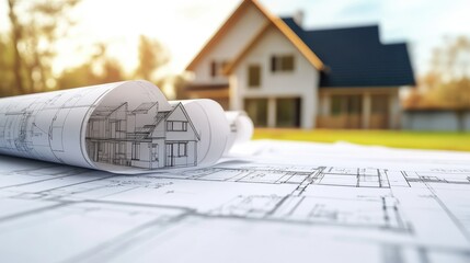 Poster - Close-up of an architectural blueprint for a modern house, accompanied by 3D visualizations and technical drawings for construction planning