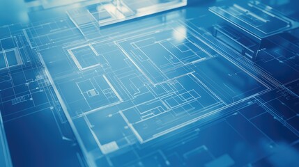 Poster - Close-up of an architectural blueprint for a modern house, accompanied by 3D visualizations and technical drawings for construction planning
