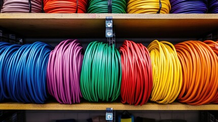 Poster - Close-up of vibrant, colorful electrical cables neatly organized on shelves in a warehouse, showing a variety of textures and colors
