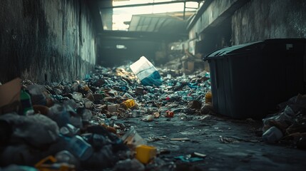 Poster - Inside an abandoned factory, garbage and trash pile up in the corner, a clear sign of disuse and decay in industrial settings
