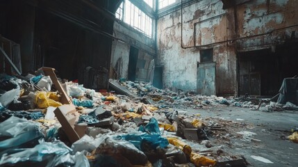 Poster - Inside an abandoned factory, garbage and trash pile up in the corner, a clear sign of disuse and decay in industrial settings