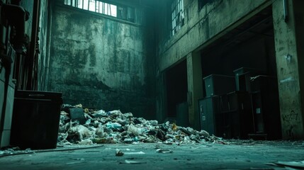 Poster - Inside an abandoned factory, garbage and trash pile up in the corner, a clear sign of disuse and decay in industrial settings