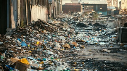 Poster - Trash and debris accumulating in a derelict factory, illustrating the environmental impact of abandoned industrial spaces