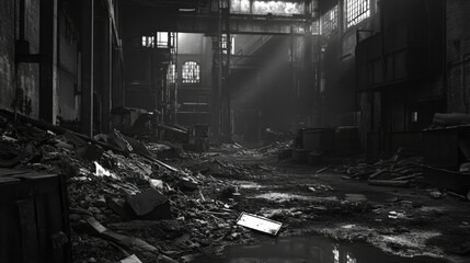 Poster - Trash and debris accumulating in a derelict factory, illustrating the environmental impact of abandoned industrial spaces