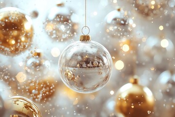 Wall Mural - elegant white christmas ball ornament hanging with golden decorations and bokeh lights