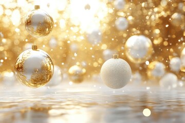 Wall Mural - christmas balls floating on golden abstract background