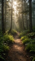 Wall Mural - Tranquil forest path with sunlight filtering through mist.